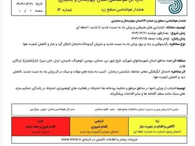 هواشناسی برای چهارمحال و بختیاری هشدار زرد صادر کرد