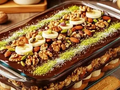 طرز تهیه کیک یخچالی موز و گردو در چند دقیقه