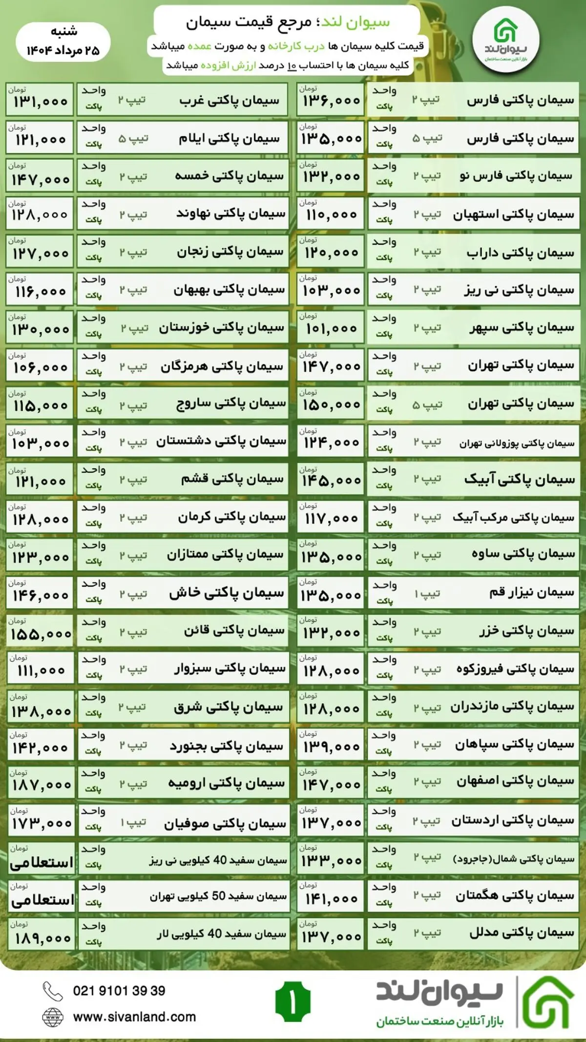 قیمت سیمان شنبه 25 مرداد اعلام شد