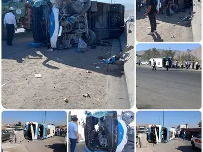 ۱۳ مجروح در واژگونی مینی‌بوس حامل کارگران 