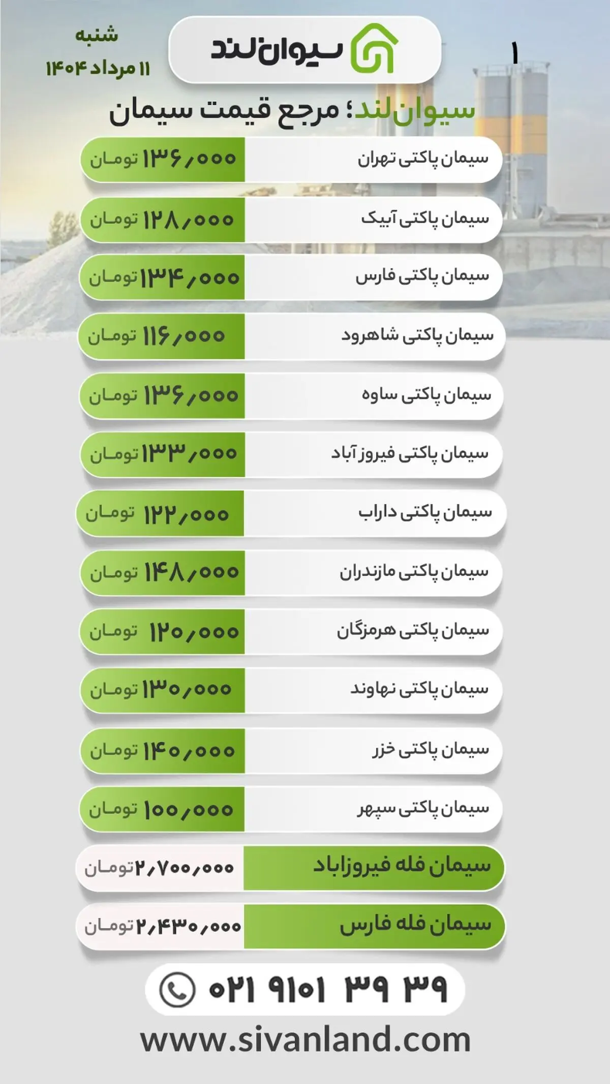قیمت سیمان امروز شنبه 11 مرداد