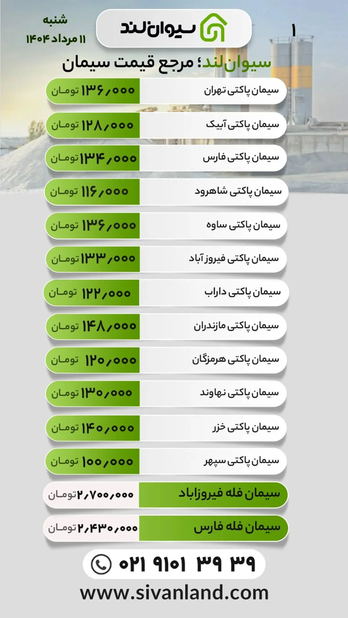 قیمت سیمان امروز شنبه 11 مرداد