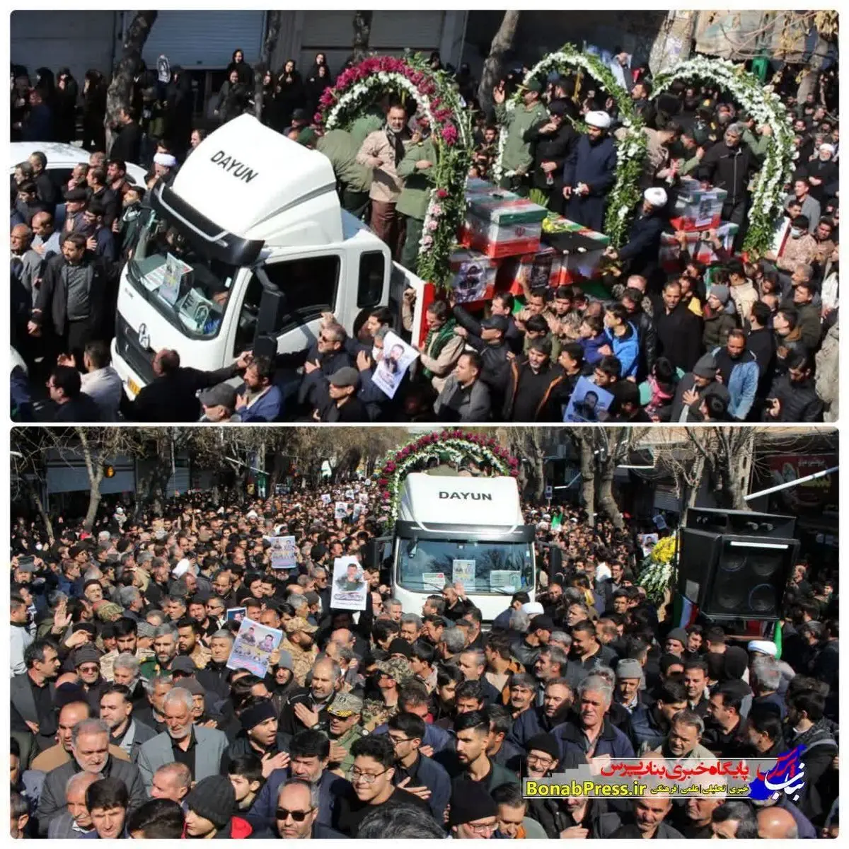 بدرقه ۷ شهید اقتدار در بناب/ شکوه جمعیت بنابی‌ها در تشییع جگر گوشه های شان