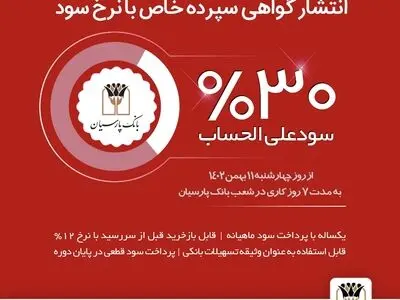 انتشار گواهی سپرده خاص با نرخ سود علی‌الحساب 30 درصد در بانک پارسیان