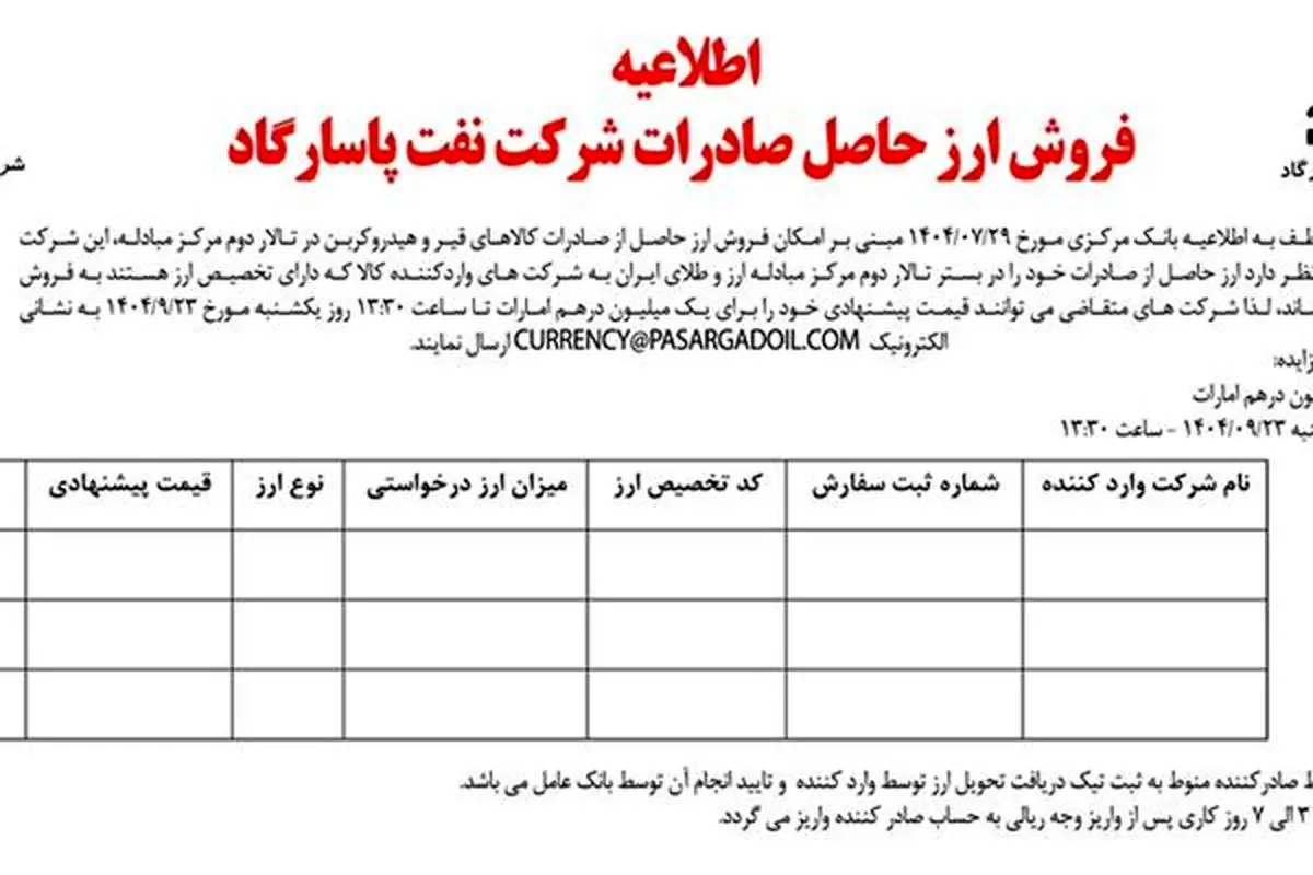  اطلاعیه فروش ارز حاصل از صادرات شرکت نفت پاسارگاد