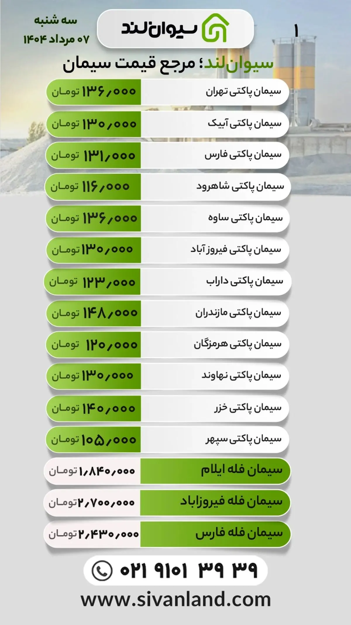 قیمت سیمان سهشنبه 7 مرداد اعلام شد