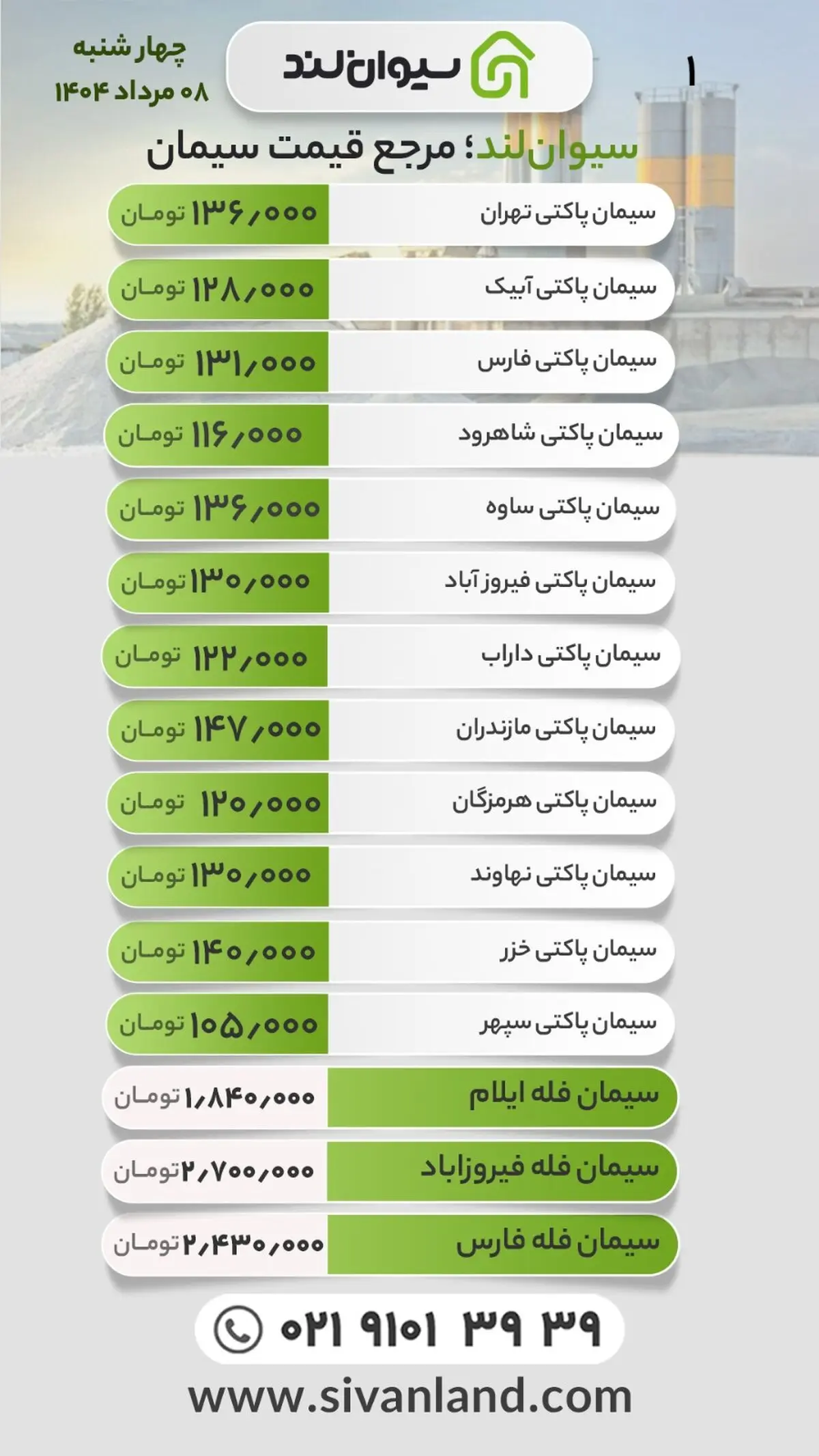 قیمت سیمان چهارشنبه 8 مرداد