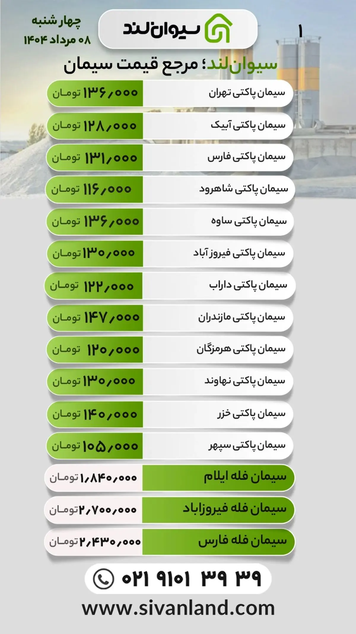 قیمت سیمان چهارشنبه 8 مرداد