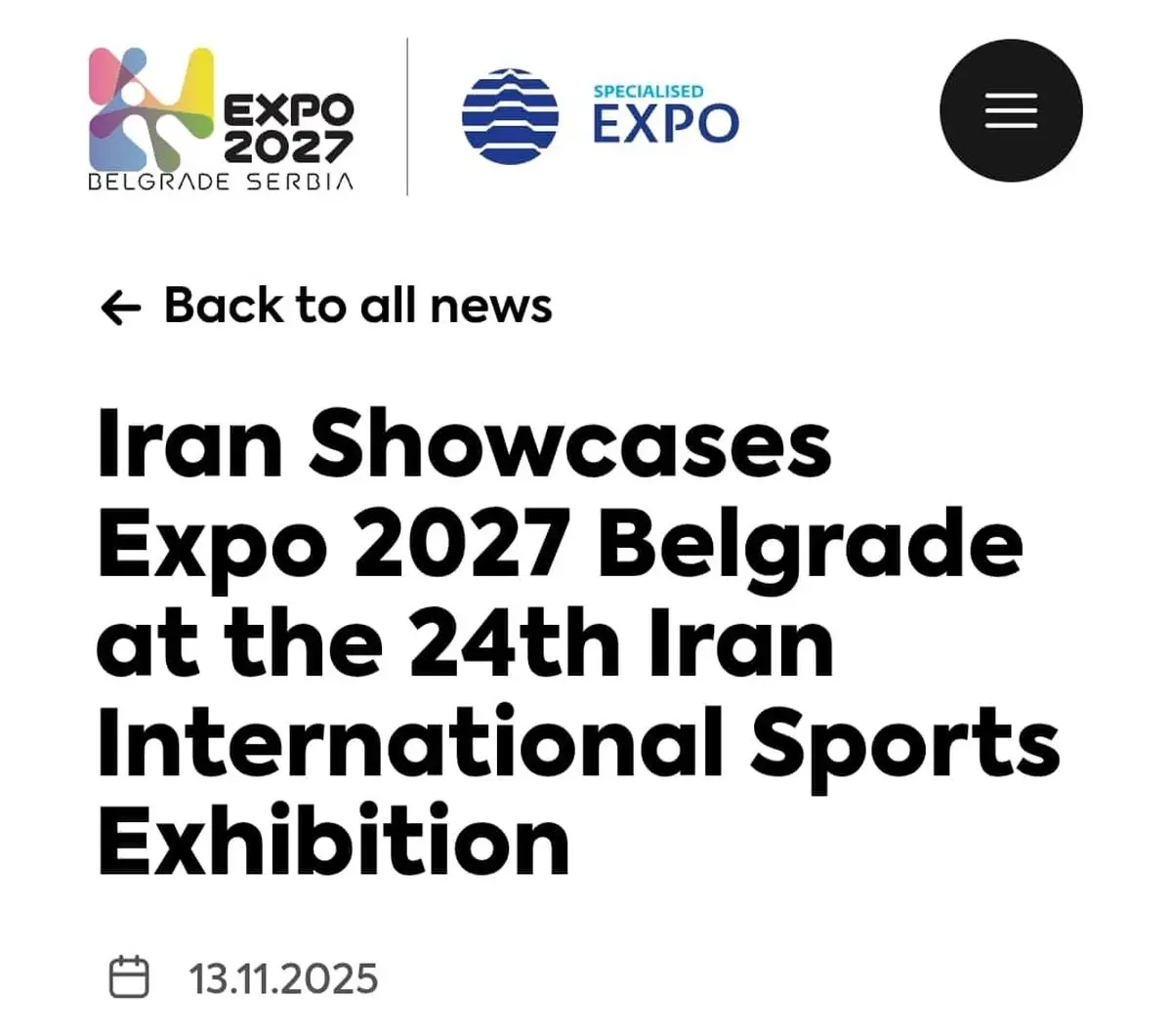  بازتاب بین المللی اقدامات ترویجی حضور ایران در اکسپو ۲۰۲۷ بلگراد در نمایشگاه بین‌المللی ورزش تهران