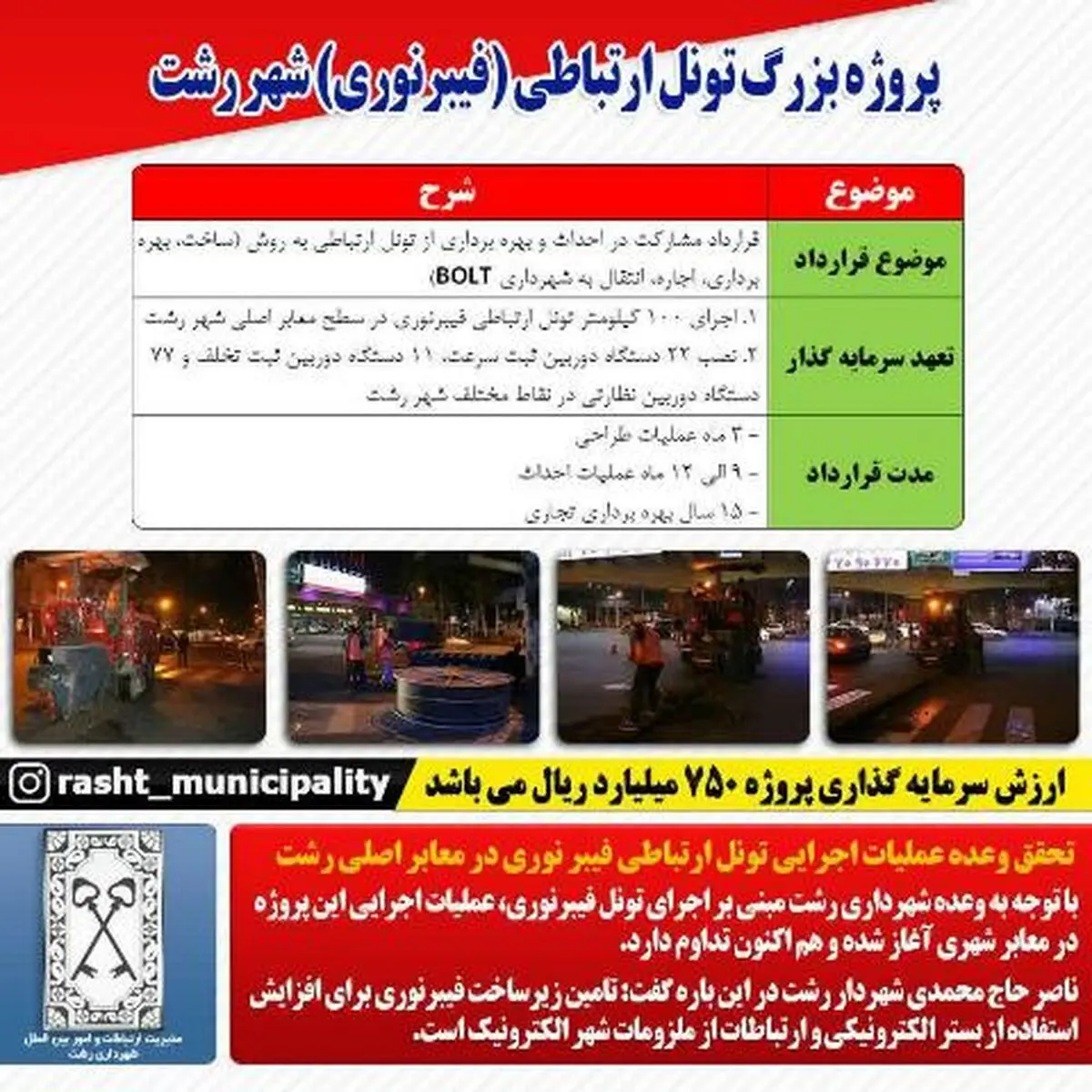 تحقق وعده عملیات اجرایی تونل ارتباطی فیبر نوری در معابر اصلی رشت 