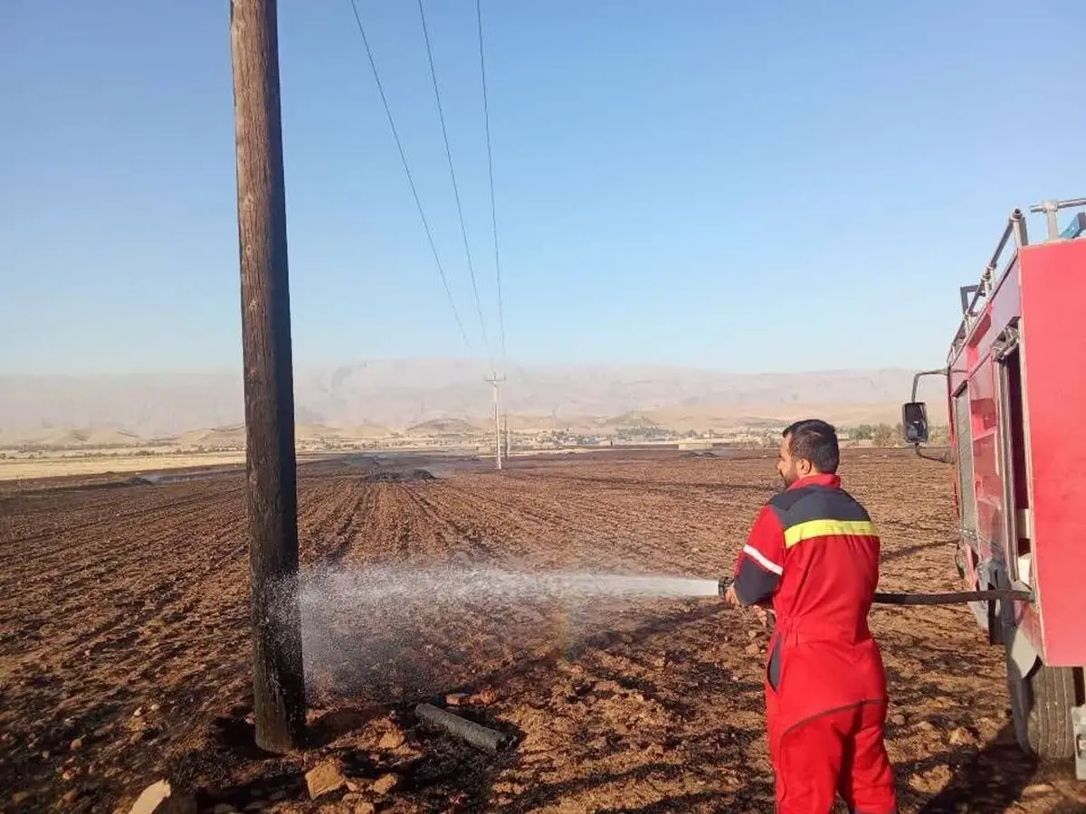 وقوع حادثه آتش‌سوزی در مزارع گچساران بر اثر آتش زدن کاه و کلش / سرایت آتش به شبکه توزیع منطقه و قطعی برق