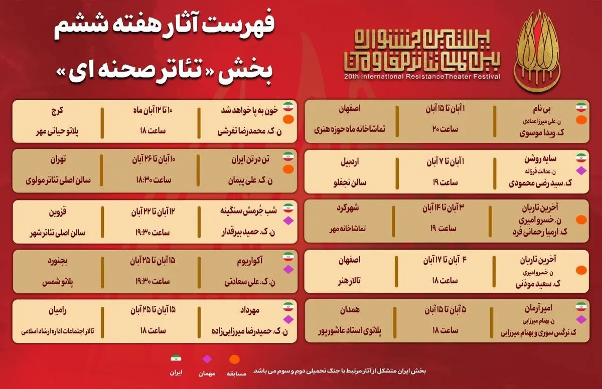 آثار هفته ششم بخش «تئاتر صحنه‌ای» جشنواره بین‌المللی تئاتر مقاومت 