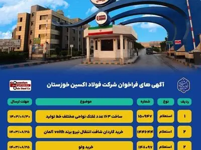 آگهی‌های فراخوان شرکت فولاد اکسین خوزستان