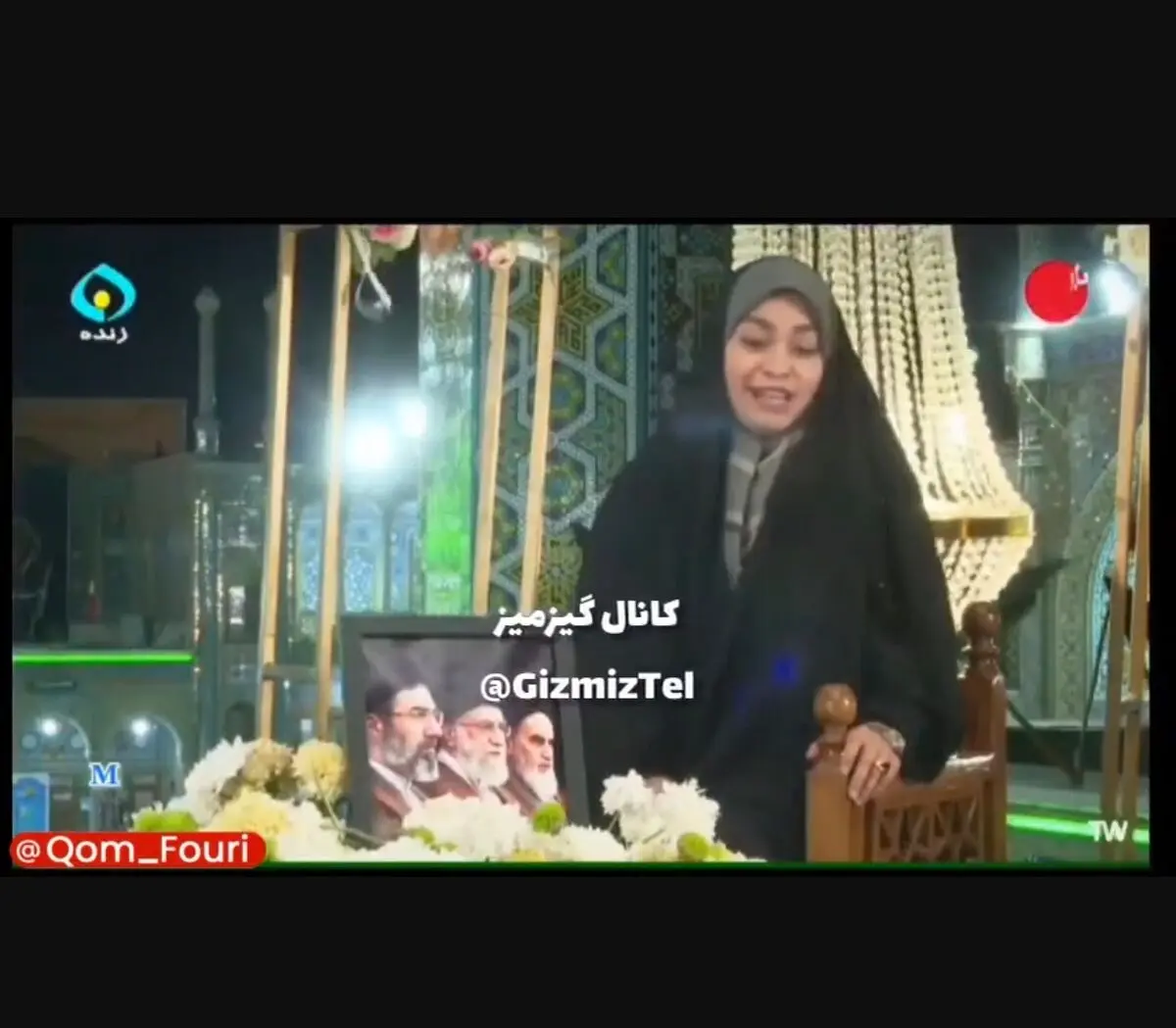 سقوط لوستر و دکور بر سر مجری برنامه شبکه قم به دلیل باد+ فیلم