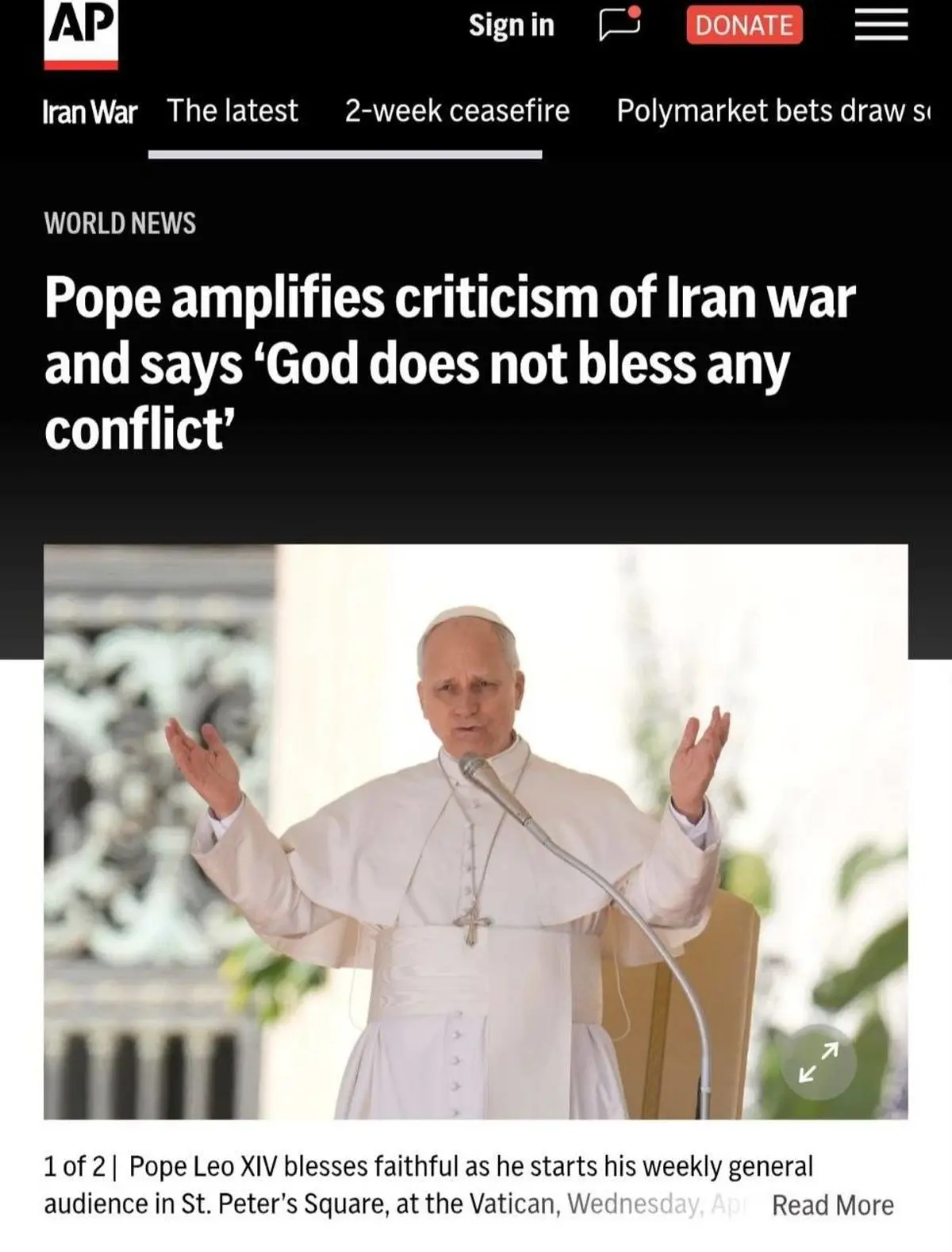 انتقاد دوباره پاپ از سران آمریکا: خداوند قطعاً در کنار کسانی که بر سر مردم بمب می‌اندازند، نمی‌ایستد