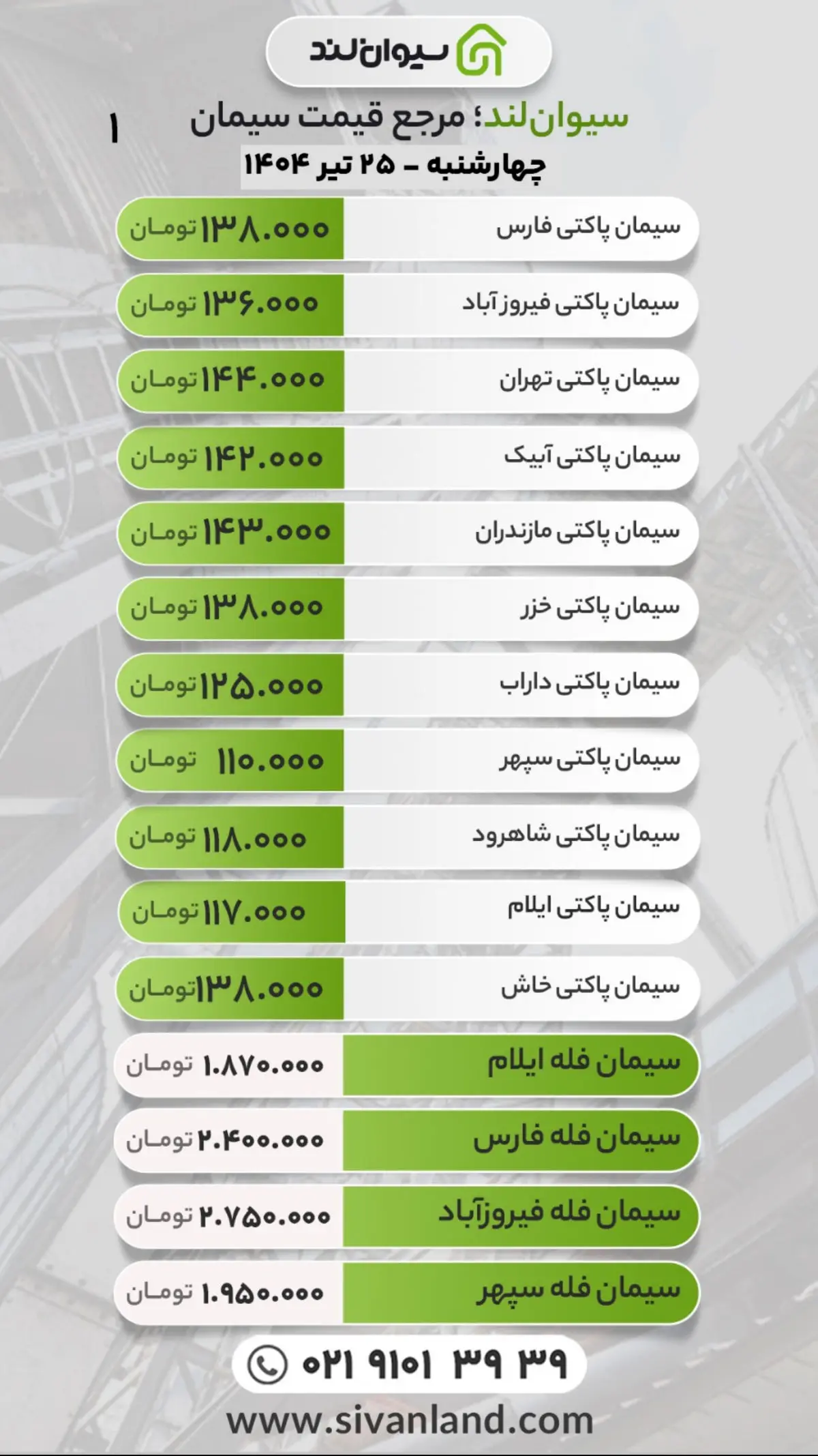 قیمت سیمان امروز چهارشنبه 25 تیر