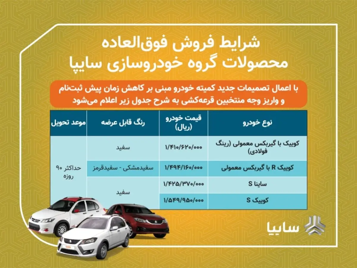 فروش فوق العاده 4 محصول سایپا از امروز/ متقاضیان 2 روز فرصت ثبت نام دارند/ تحویل خودروها 90 روزه است