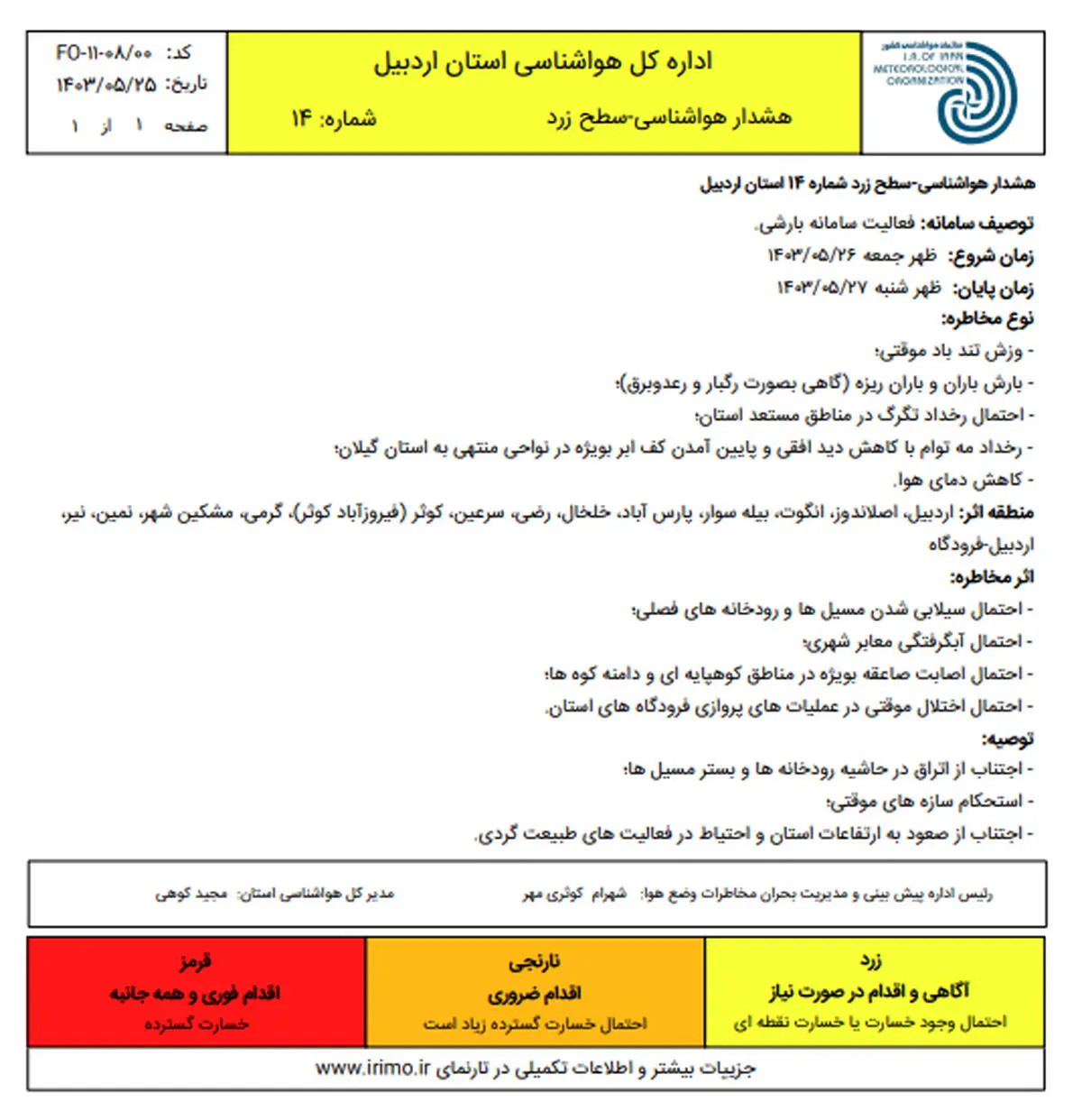 صدور هشدار سطح زرد هواشناسی در اردبیل