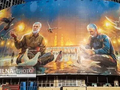  تصویر شهید سلیمانی و ابومهدی روی دیوارنگاره میدان ولی عصر(عج)