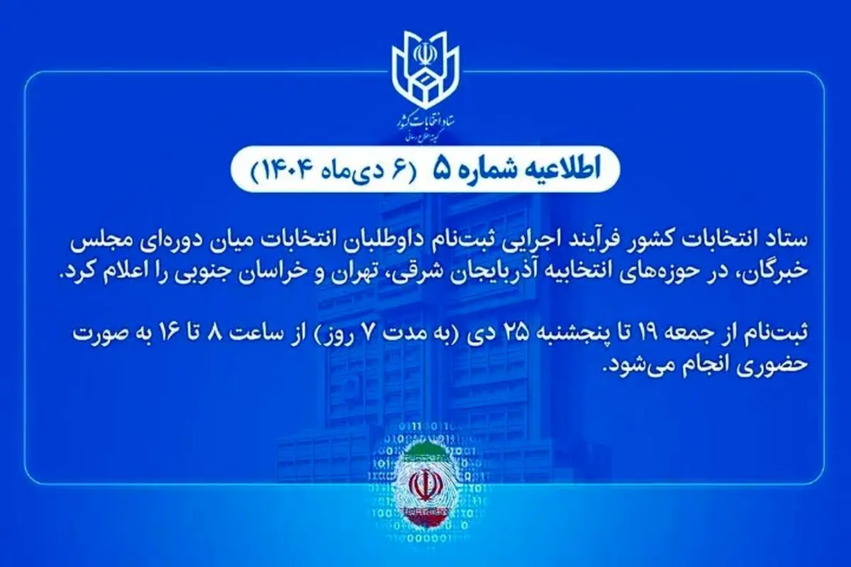 اعلام فرآیند اجرایی ثبت‌نام داوطلبان انتخابات میان دوره‌ای مجلس خبرگان