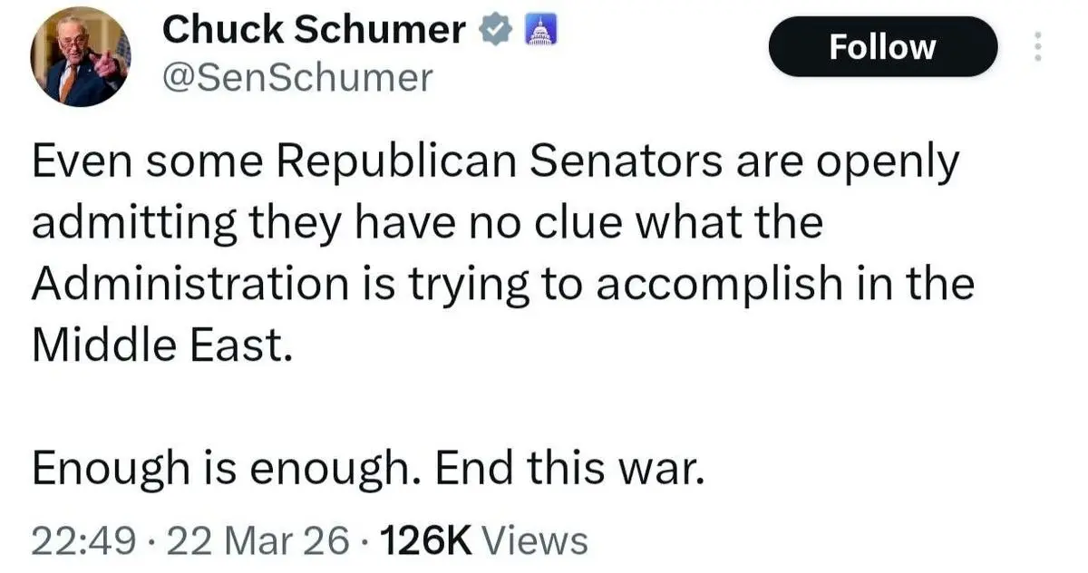 چاک شومر، رهبر دموکرات‌های سنای آمریکا: دیگر بس است! جنگ با ایران را تمام کنید
