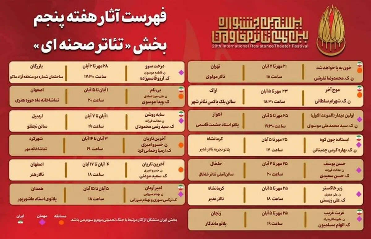 انتشار جدول آثار هفته پنجم بخش «تئاتر صحنه‌ای» جشنواره بین‌المللی تئاتر مقاومت 