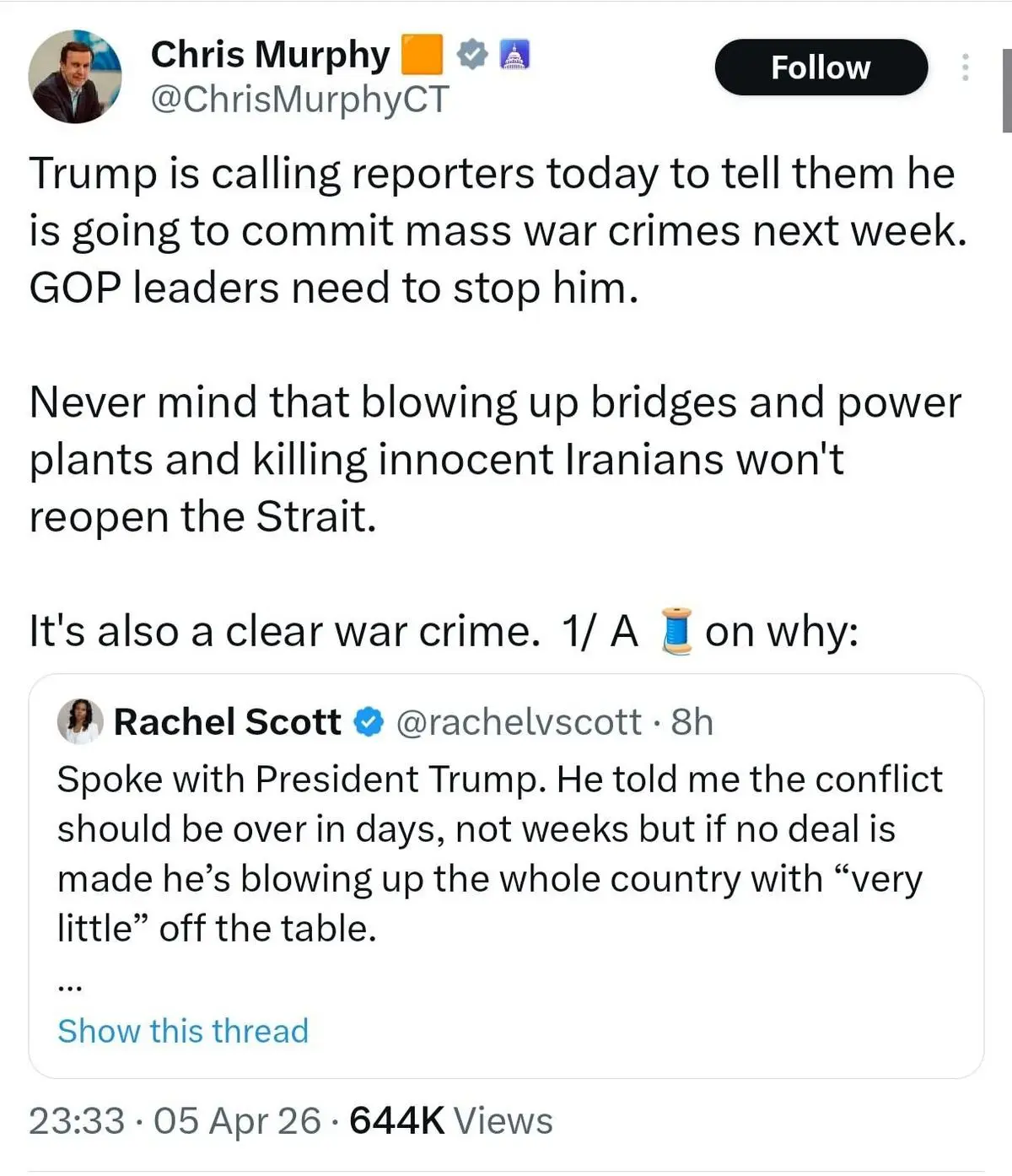 کریس مورفی، سناتور آمریکایی: منفجرکردن پل‌ها و نیروگاه‌ها و کشتن ایرانیان بی‌گناه باعث بازگشایی تنگهٔ هرمز نخواهد شد