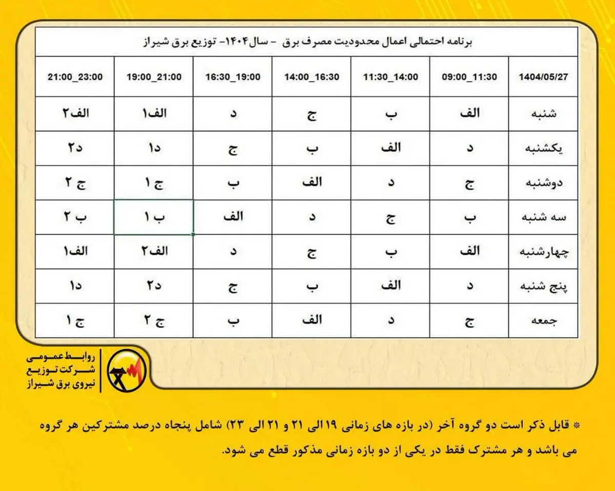 امکان دو نوبت قطع برق روزانه برای مشترکین شیرازی