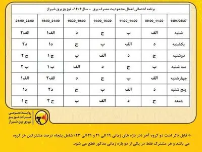 امکان دو نوبت قطع برق روزانه برای مشترکین شیرازی