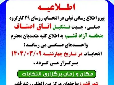 انتخابات کارگروه های صنفی منطقه آزاد قشم، 9 خرداد برگزار می شود