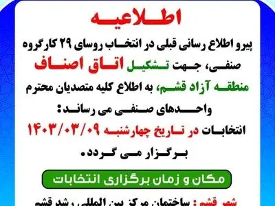 انتخابات کارگروه های صنفی منطقه آزاد قشم، 9 خرداد برگزار می شود 