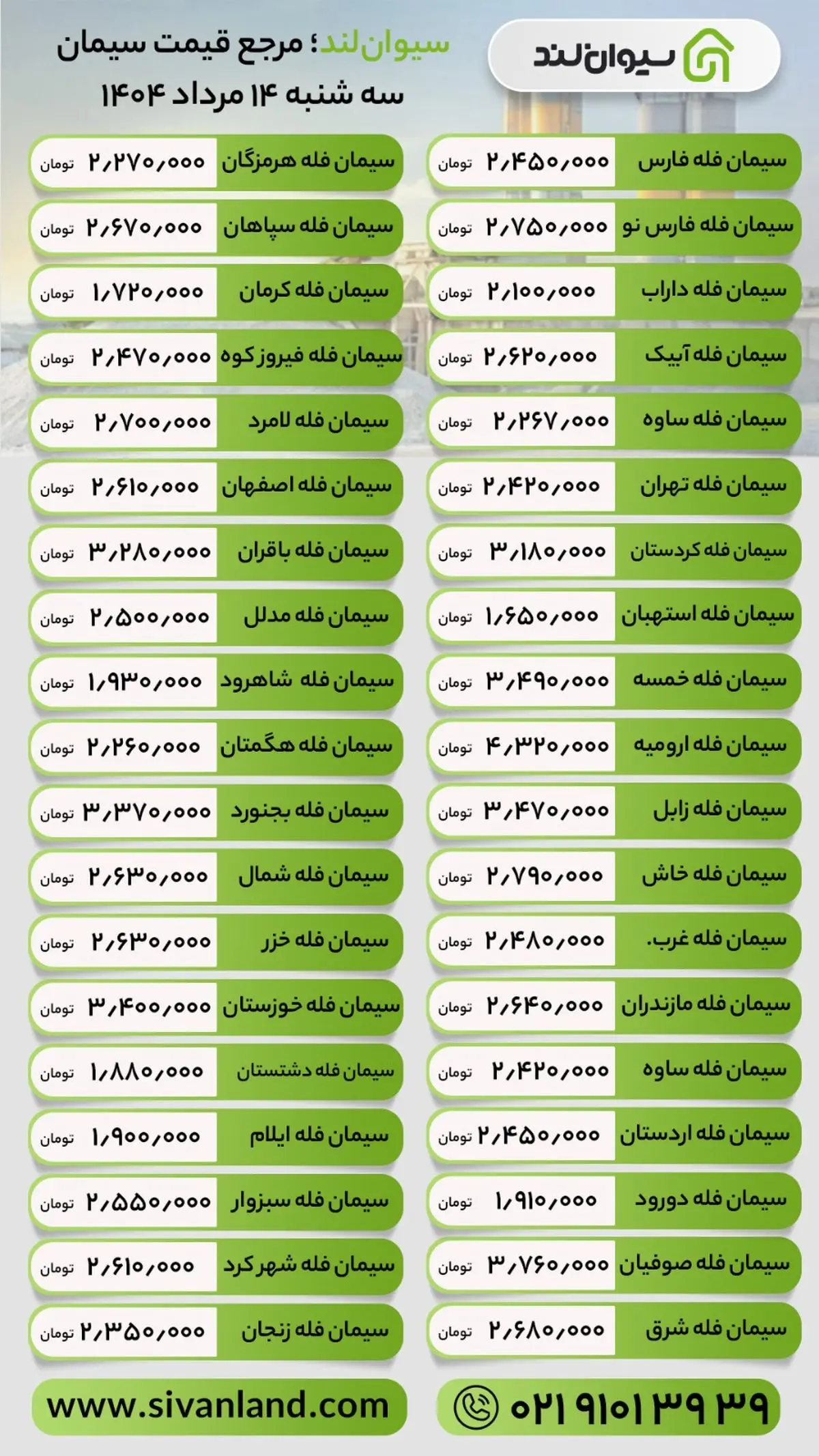 قیمت سیمان امروز سهشنبه 14 مرداد