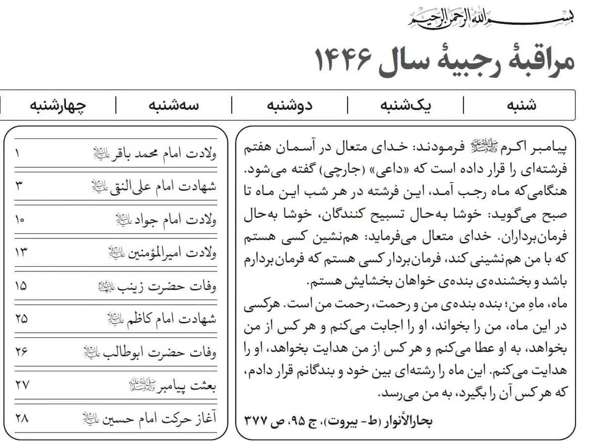 جدول مراقبه‌ی رجبیه سال ۱۴۴۶ هجری قمری