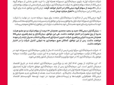 اطلاعیه گروه دیجی‌کالا درباره سرمایه‌گذاری شرکت حرکت اول در گروه تجارت الکترونیک دیجی‌کالا