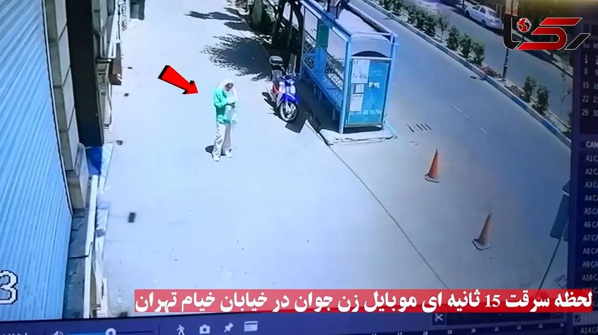 فیلم لحظه سرقت ۱۵ ثانیه ای موبایل زن جوان تهرانی در خیابان خیام / پلیس در حال شناسایی سارقان است