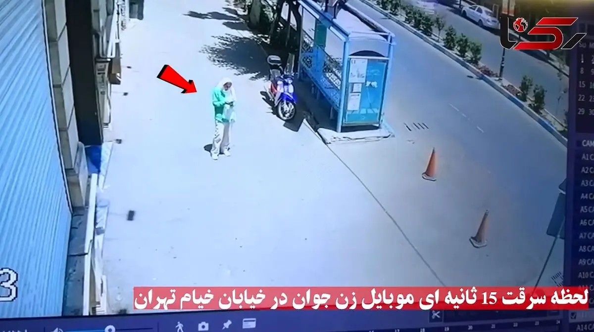 فیلم لحظه سرقت ۱۵ ثانیه ای موبایل زن جوان تهرانی در خیابان خیام / پلیس در حال شناسایی سارقان است