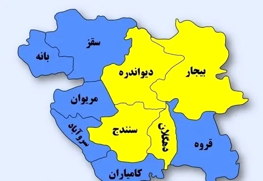 زرد شدن چهار شهر کردستان در رنگ بندی کرونایی