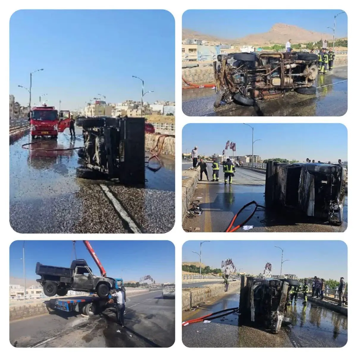 واژگونی و آتش‌سوزی نیسان در بلوار آفرینش شیراز/۶ نفر مصدوم شدند