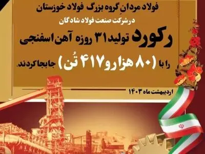 رکورد تولید ماهانه آهن اسفنجی در فولاد شادگان شکسته شد