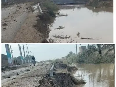 ریزش جاده به دلیل عدم لایروبی نهر گاهن در شادگان + تصاویر