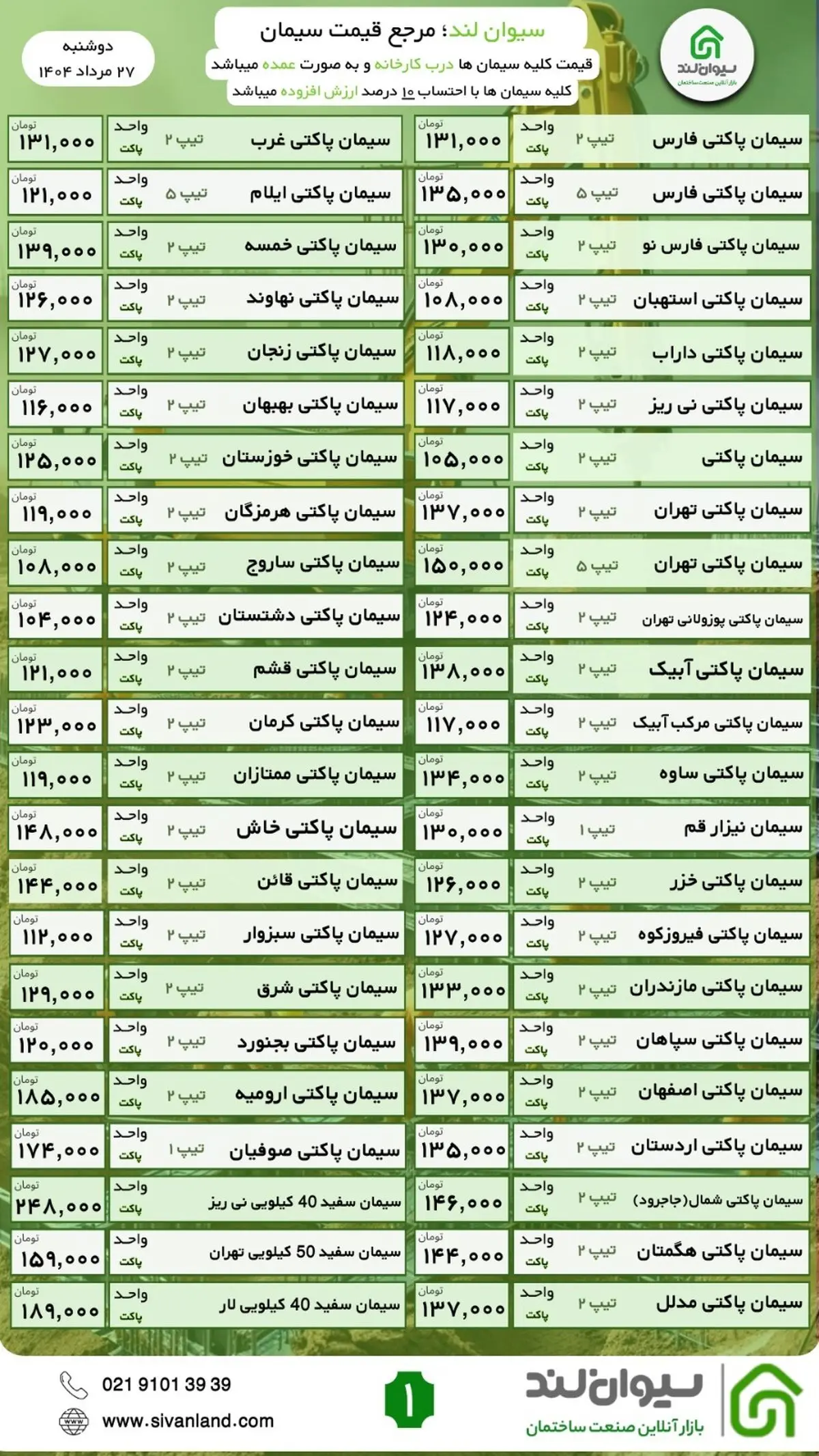 قیمت جدید سیمان دوشنبه ۲۷ مرداد ماه اعلام شد