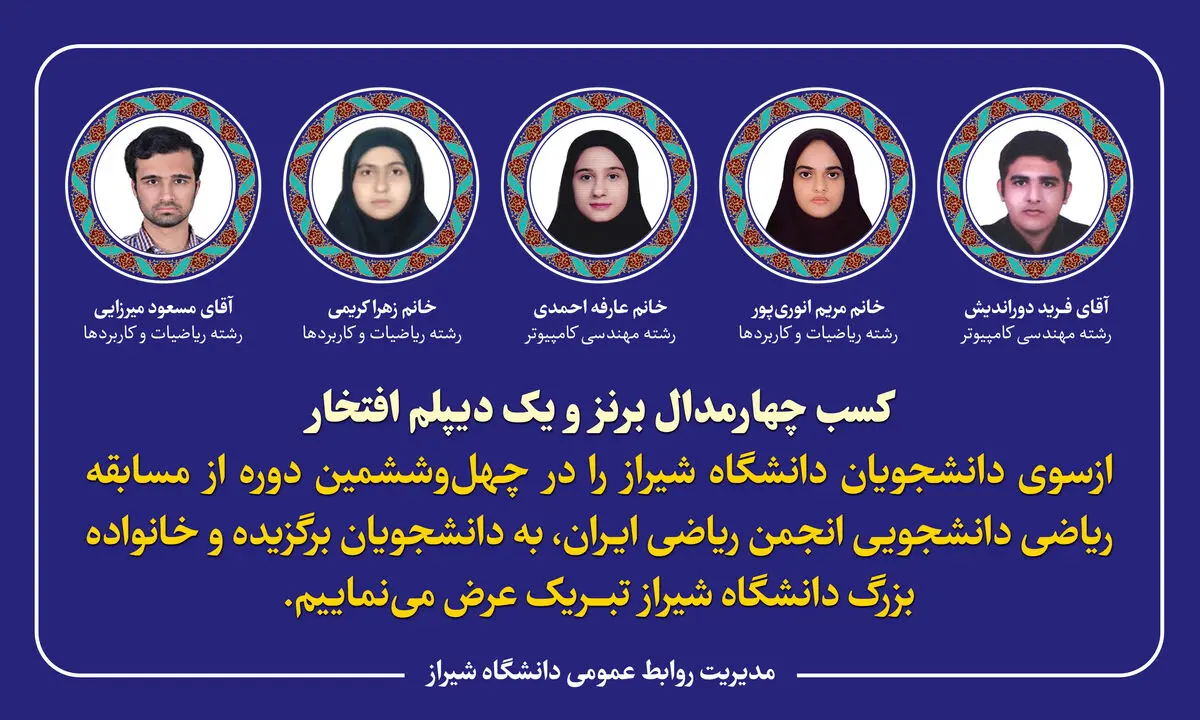 دانشجویان دانشگاه شیراز در مسابقات انجمن ریاضی ایران درخشیدند