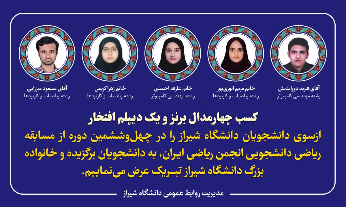دانشجویان دانشگاه شیراز در مسابقات انجمن ریاضی ایران درخشیدند