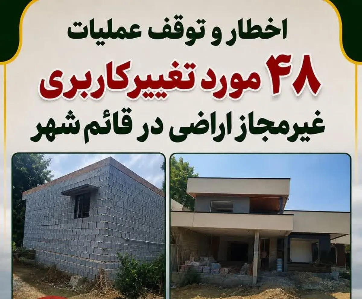 اخطار و توقف عملیات ۴۸ مورد تغییر کاربری غیرمجاز اراضی در قائم‌ شهر