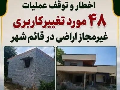 اخطار و توقف عملیات ۴۸ مورد تغییر کاربری غیرمجاز اراضی در قائم‌ شهر