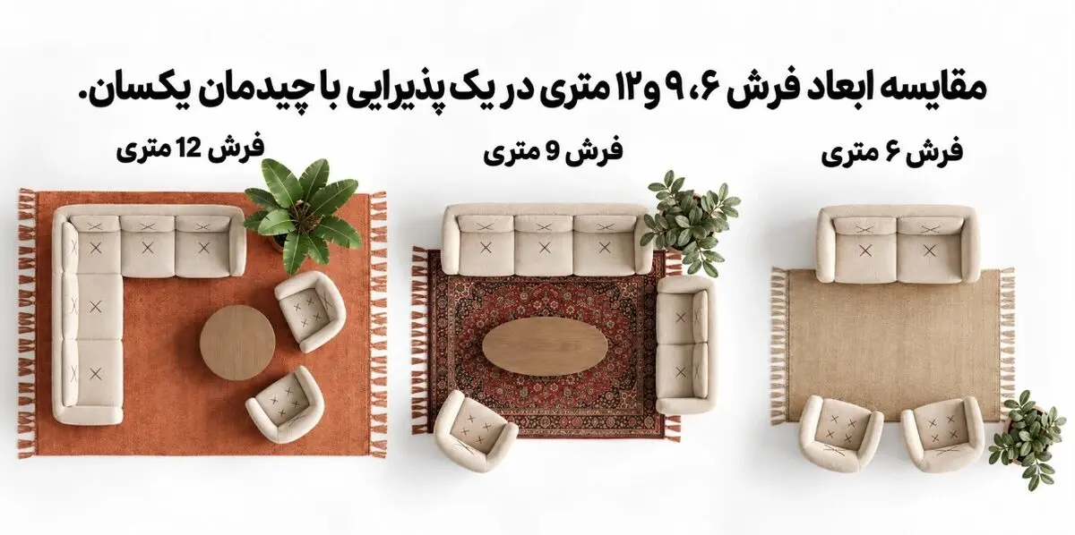 بهترین سایز فرش برای هر فضا چقدر است؟ (راهنمای کامل + جدول ابعاد)