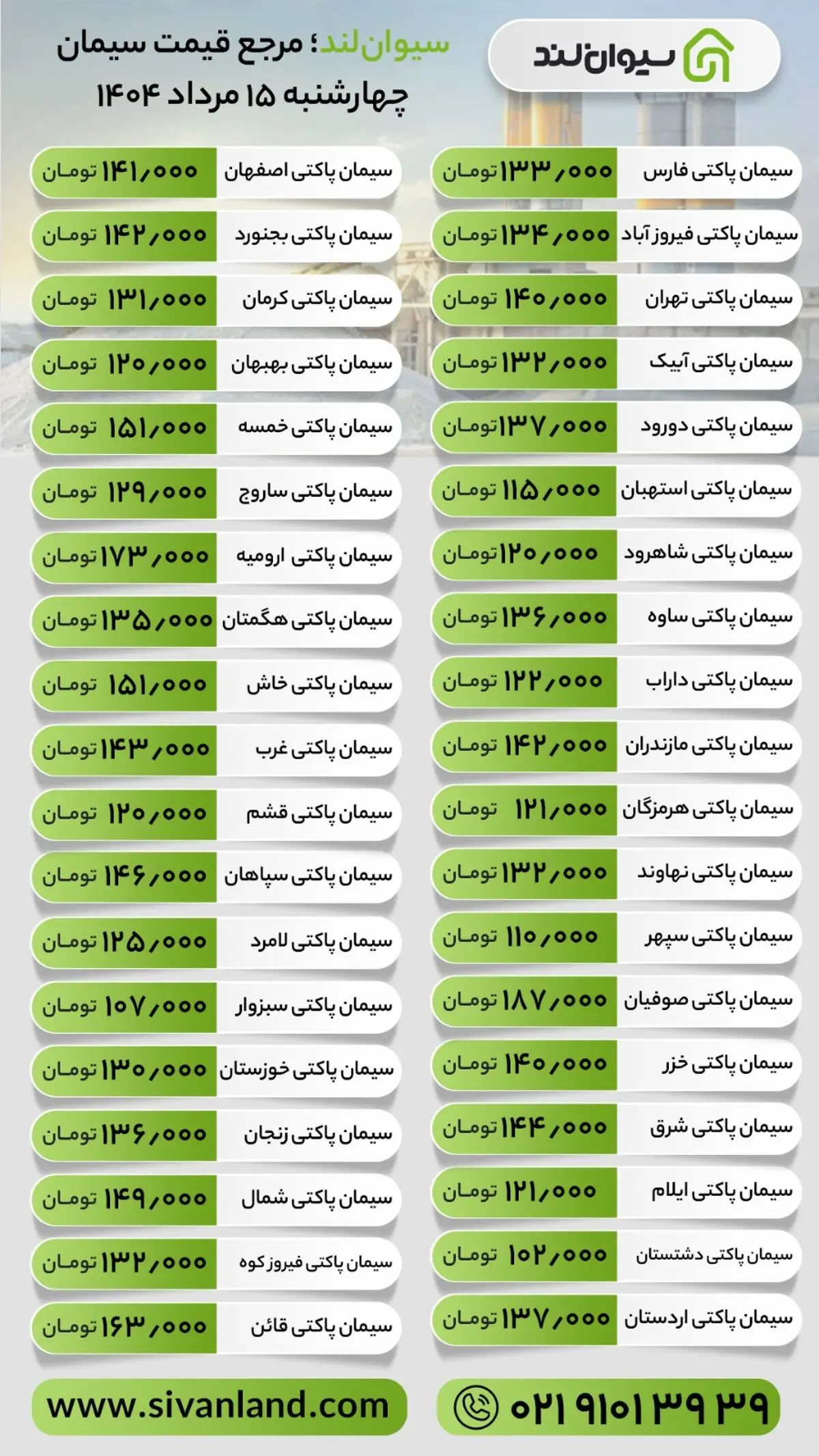 قیمت سیمان چهارشنبه 15 مرداد