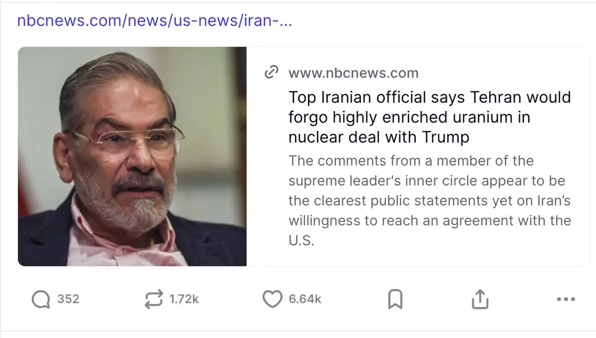 بازنشر مصاحبه شمخانی در شبکه اجتماعی ترامپ