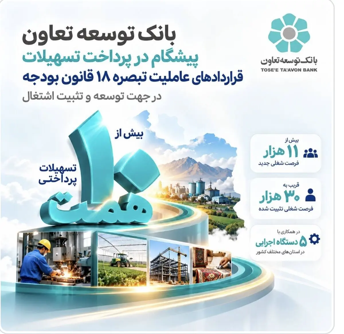 بانک توسعه تعاون پیشگام در پرداخت تسهیلات تبصره18