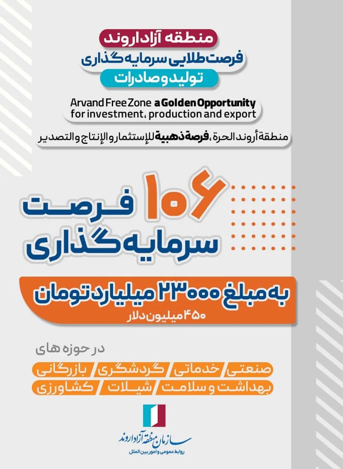 106 فرصت طلایی سرمایه‌گذاری در زمینه تولید و صادرات در منطقه آزاد اروند در اختیار متقاضیان و سرمایه‌گذاران قرار گرفت